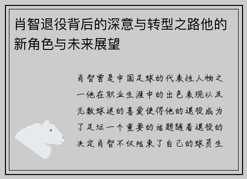 肖智退役背后的深意与转型之路他的新角色与未来展望