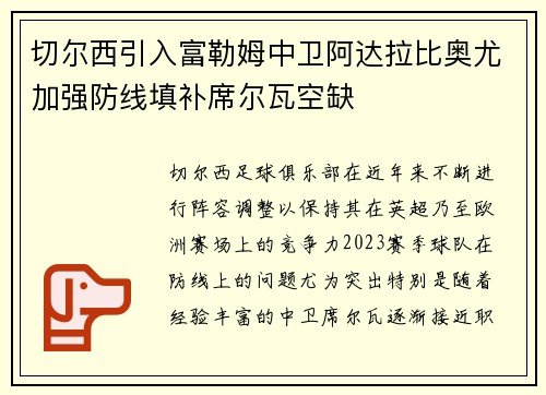 切尔西引入富勒姆中卫阿达拉比奥尤加强防线填补席尔瓦空缺 切尔西引入富勒姆中卫阿达拉比奥尤加强防线填补席尔瓦空缺