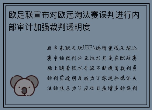 欧足联宣布对欧冠淘汰赛误判进行内部审计加强裁判透明度 欧足联宣布对欧冠淘汰赛误判进行内部审计加强裁判透明度