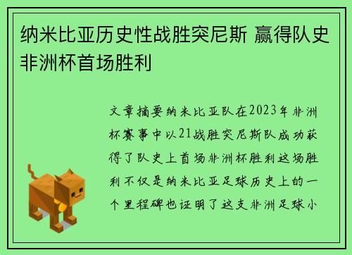 纳米比亚历史性战胜突尼斯 赢得队史非洲杯首场胜利