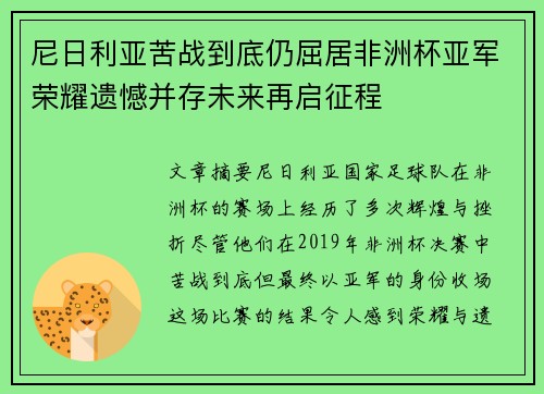 尼日利亚苦战到底仍屈居非洲杯亚军荣耀遗憾并存未来再启征程