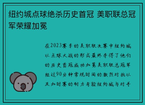 纽约城点球绝杀历史首冠 美职联总冠军荣耀加冕 纽约城点球绝杀历史首冠 美职联总冠军荣耀加冕